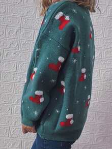 大码女式毛衣圣诞袜雪花图案长袖圆领上衣休闲通勤节日装上衣 - 墨綠色 - 查看 5