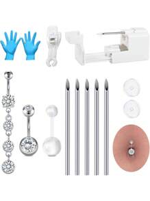 AVYRING 13 Stücke Bauchnabelpiercing-Set, Lange Bauchnabelpiercing-Pistolen-Nadeln-Set aus rostfreiem Stahl, Zunge, Ohr-Piercing-Pistole, Bauch-Lippen-Körper-Piercing-Nadel-Werkzeug-Sets, Nabelpiercing für Frauen