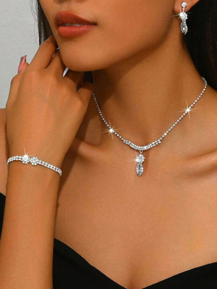 1 套时尚百搭女士婚礼首饰，简约水晶耳环、项链、手链套装，适合日常、派对、宴会场合 - 首飾套裝 - 查看 1