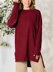 Women's Casual Knit Top Oversized Long Sleeve Basic Ribbed Slit Solid Knit Top Khaki Ribbed Knit Fabric Long Sleeve Pullover Loose Fit Crew Neck Tunic Length Solid Color Fall/Winter High-Low Hem Cozy Layering Piece Everyday Wear - Burgundy - View 1