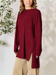 Women's Casual Knit Top Oversized Long Sleeve Basic Ribbed Slit Solid Knit Top Khaki Ribbed Knit Fabric Long Sleeve Pullover Loose Fit Crew Neck Tunic Length Solid Color Fall/Winter High-Low Hem Cozy Layering Piece Everyday Wear - Burgundy - View 2