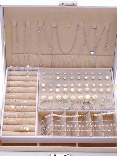 83-24 Pcs Set Silver Tone Fashion Elegant Faux Pearl Zirconia Heart Shaped Jewelry Set Including Ring, Earrings, Necklace And Bracelet, Suitable For Girls, Party, Date, Gift For Christmas, Valentine's Day, New Year, High Cost-Effective Daily Accessory (No Box) Valentines,Mom,Mother,Mother's Day,Gift
