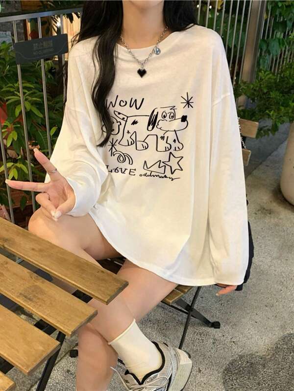 Camiseta Feminina de Manga Longa com Impressão Estampada de Cachorro em Estilo Cartoon, Decote Redondo, Ajuste Folgado, Fofo e Casual, Estação Outono/Inverno