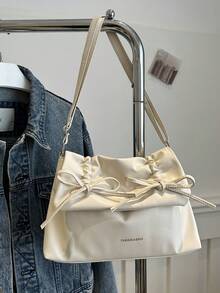 复古时尚百搭蝴蝶结纯色女士单肩包，时尚可爱小斜挎包，秋冬新品 - 白色 - 查看 8