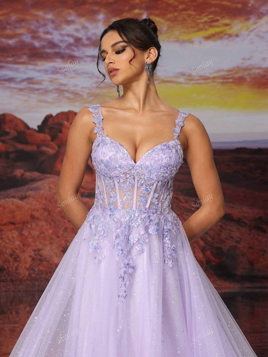 Purple Tulle Slip Dress Long A Line Sparkly Embroidery Prom Dress for
