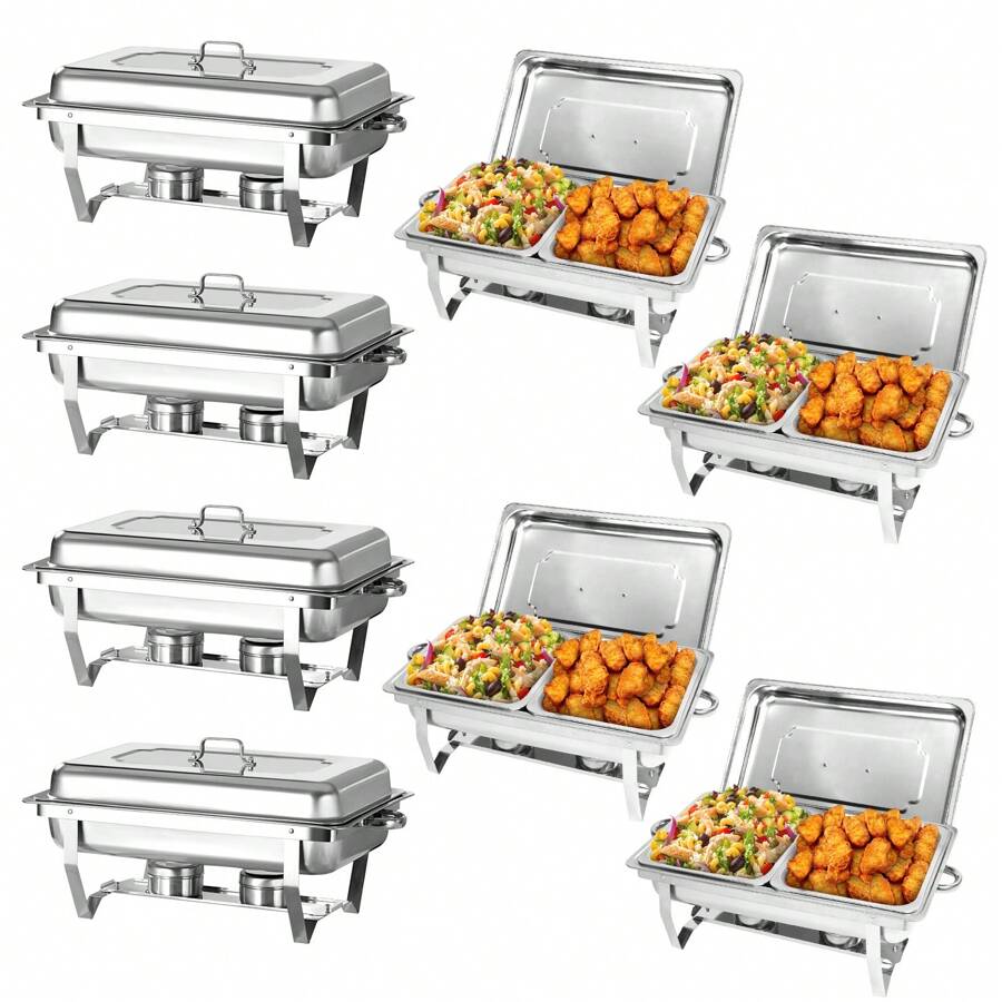 Chafing Dish Buffet Set 2/4/6/8 Packs 9L. Full Size & Hlaf Size Food Pan,Foldable Rectangular Chafer Set, Stainless Steel Buffet Catering Warmer Set For Halloween Party Tableware