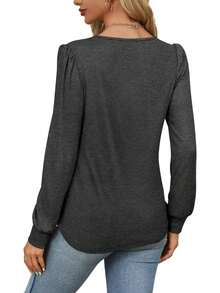 Chemisier femme 2024 style européen et américain, manches longues, blouse d'automne, chemise casual plissée col rond bas ceinturée - Gris foncé - Voir 2
