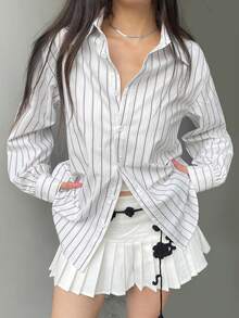 简约撞色条纹衬衫单排扣长袖女士休闲衬衫办公室宽松百搭罩衫上衣春假 - 白色 - 查看 2