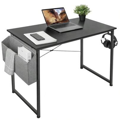 Mesa de 100 cm, mesa de computador com suporte para fone de ouvido e bolsa de armazenamento, mesa de trabalho estável, design industrial, mesa de PC, mesa de escritório pequena mesa de escritório para casa, escritório 100 x 50 x 75 cm