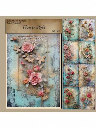 12 Sheets Vintage Flower Scrapbook Paper, Retor Flower Theme Scrapbooking Supplies, Craft Paper, Junk Journal Paper, Decoupage Paper For Bullet Journal, Card Making, DIY Art Crafts Collages Back To School