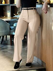 Fashion Classic High Waist Straight Leg Office Pants - 杏色 - 查看 3
