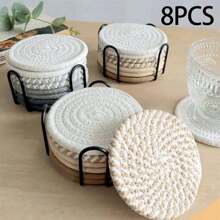 4pcs/8pcs Woven Drink Coasters, Round Absorbent Beverage Cup Mats, Handmade Fabric Coasters, Absorbent Coaster Set With Tray, Bohemian Style (Excluding Rack)