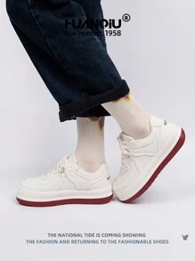 HUANQIU Women Thick Sole Versatile Comfortable Stylish Sneakers, White & Red, Casual Sports Platform Shoes For Students, Suitable For All Seasons