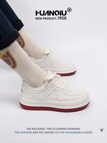 HUANQIU Women Thick Sole Versatile Comfortable Stylish Sneakers, White & Red, Casual Sports Platform Shoes For Students, Suitable For All Seasons
