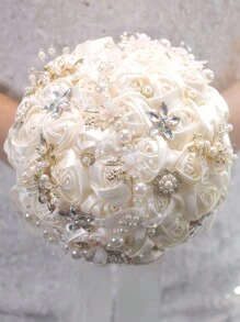 1支丝绸玫瑰婚礼花束，适合新娘、伴娘、新娘捧花，配珍珠丝带，也适用于情人节、求婚派对装饰。 - 彩色 - 查看 16