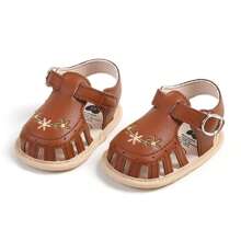 Baby Girl Sandals, PU Leather Non-Slip Embroidery Flower Summer Flats Toddler Shoes For Casual Daily - Brun - Visa 5