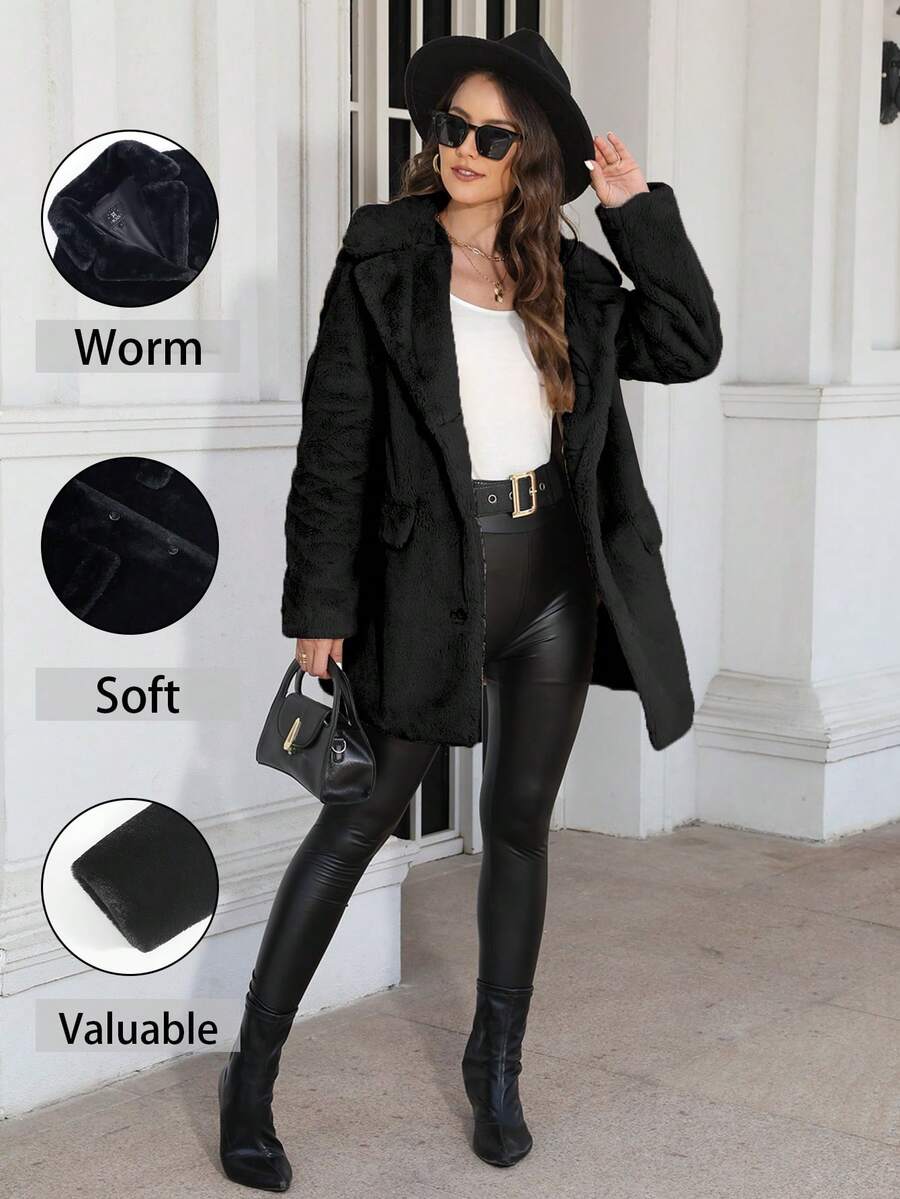RELISH NOLESS Women's Faux Fur Collar Single-Breasted Jacket, Autumn/Winter - Black - View 1