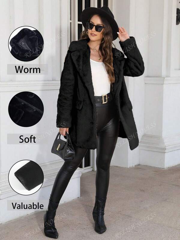 RELISH NOLESS Chaqueta de invierno de mujer casual negra con cuello de piel sintética y abotonadura sencilla