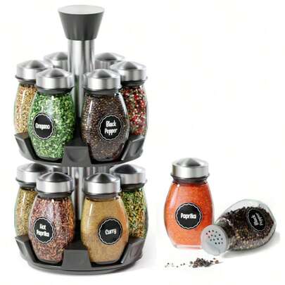 旋转调味品架收纳架 - 旋转台面香草和香料收纳架，配有 6/12 个玻璃瓶（不含香料）圣诞礼物