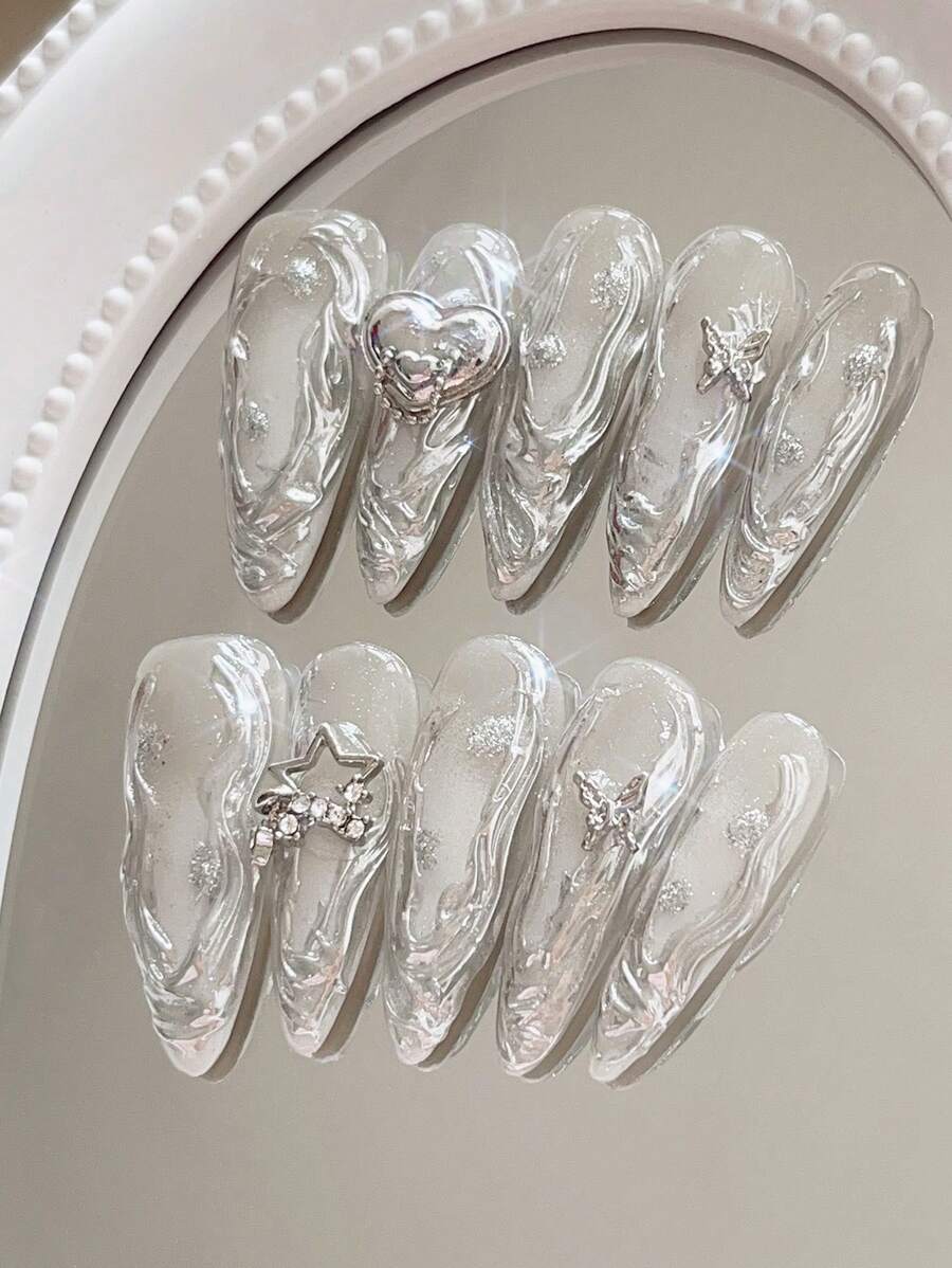10pcs Silver Metallic Liquid Metal Nail Art Stickers, Almond Shaped