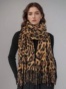 1pc Autumn And Winter Retro Leopard Print Simple Tassel Scarf With High-End Texture Animal Print Scarf, Soft , Fashionable And Versatile Scarf Shawl