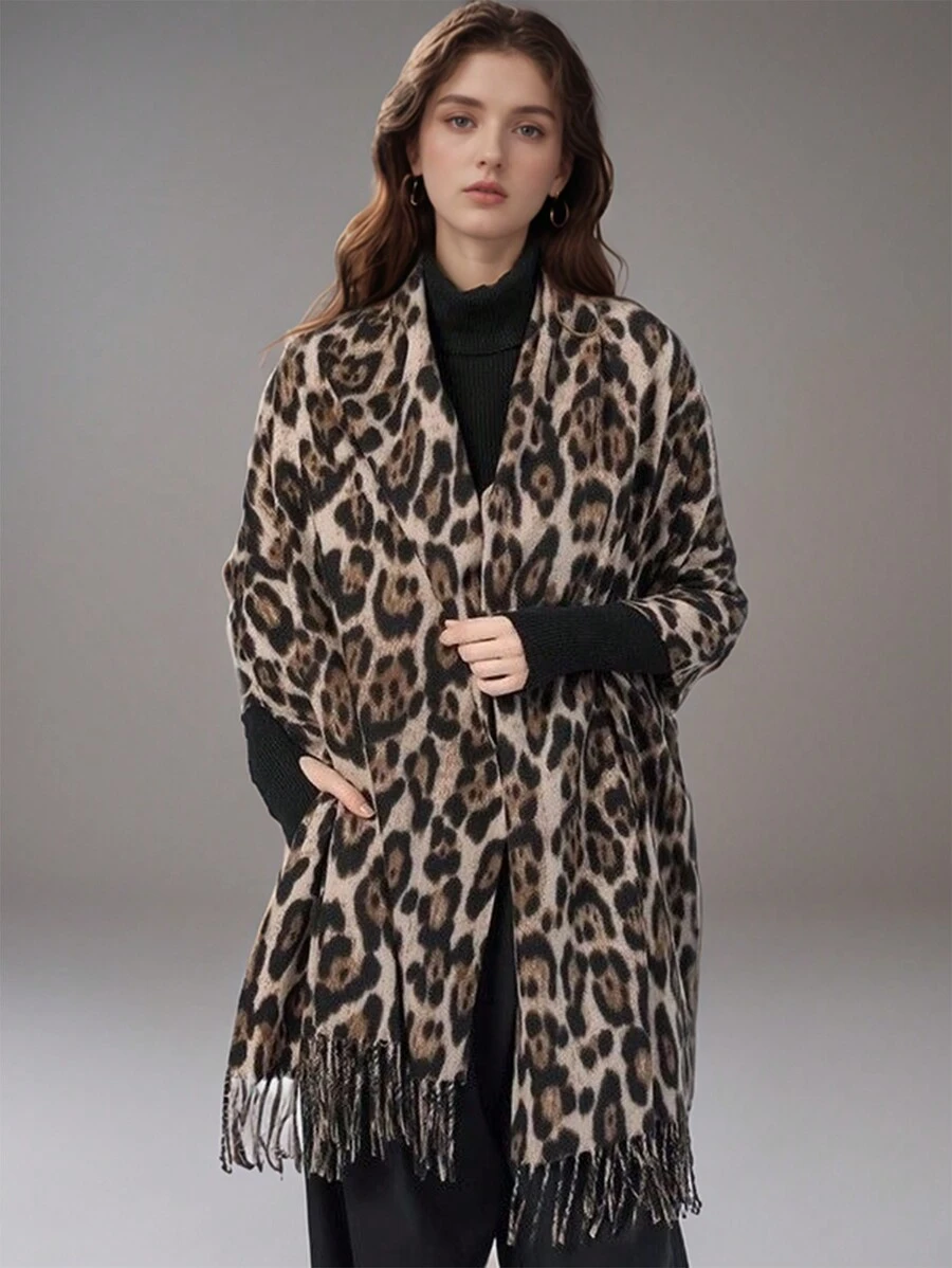 1pc Autumn And Winter Retro Leopard Print Simple Tassel Scarf With High-End Texture Animal Print Scarf, Soft , Fashionable And Versatile Scarf Shawl