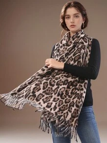 1pc Autumn And Winter Retro Leopard Print Simple Tassel Scarf With High-End Texture Animal Print Scarf, Soft , Fashionable And Versatile Scarf Shawl