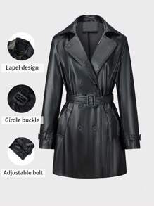 Giolshon 女士秋冬 PU 极简通勤时尚夹克 - 轻便外套配腰带 - 百搭时尚风衣 - 黑色 - 查看 7