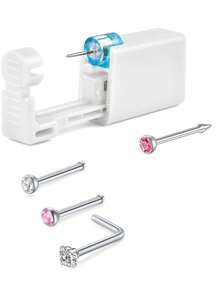 AVYRING 4-10Pcs Nose Piercing Kit With Silver Gold Nose Stud, 1Pack Nose Piercing Gun, Disposable Nose Piercing Kit With Straight L-Shape Nose Rings Stud White CZ Nose Piercings Gun Kit Tool