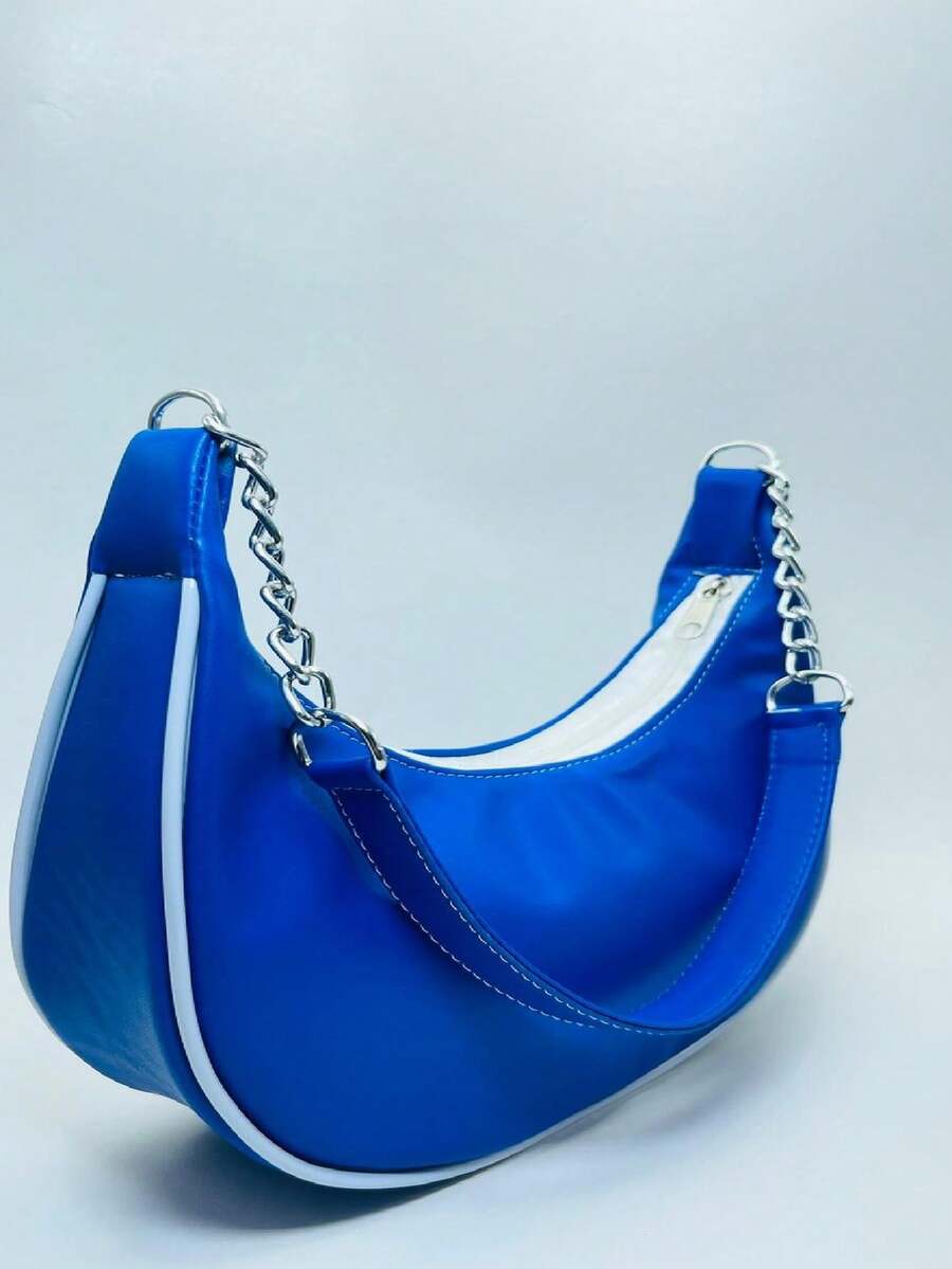 WOMEN'S BAG HALF MOON LAUNCH, SHOULDER STRAP WITH CHAIN DETAIL - 藍色 - 查看 1