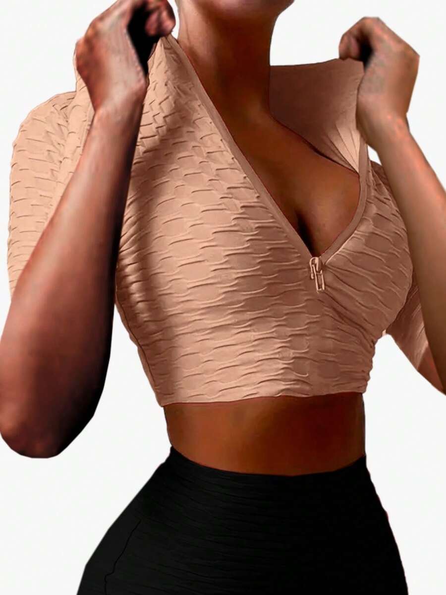 Crop Top Deportivo Licra Texturizada Con Cremallera - Beis - Ver 1