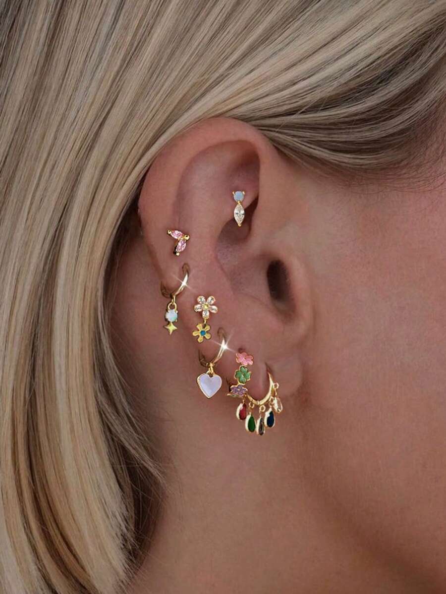 7 件/套彩色耀眼方晶锆石耳钉，适合派对、节日、约会或婚礼 - 金黃色 - 查看 1