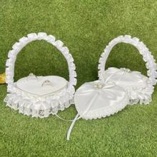 Caja con forma de cesta floral romántica en forma de corazón hecha a mano, cesta de mano con flores blancas para niña de las flores, caja para almacenar anillos de boda, decoración de boda (anillos no incluidos), regalo para el Día de San Valentín, Navidad, Día de la Madre