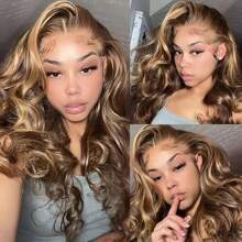 Honey Blonde Lace Front Wig Human Hair 13x4 HD Body Wave Highlight Ombre Lace Frontal Wigs Human Hair Pre Plucked With Baby Hair 180% Density Body Wave 4/27 Glueless Human Hair Wigs For Women - Piano Color - View 5