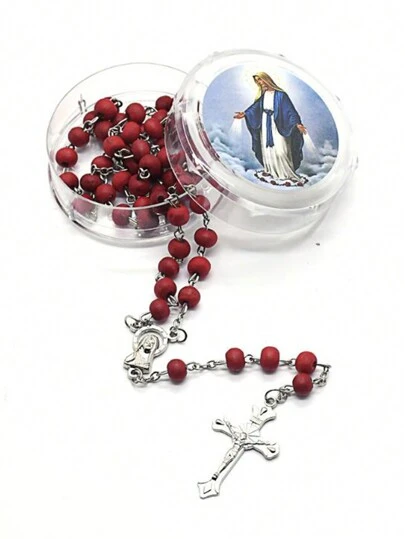 Boxed Classic Fragrance Burgundy Wooden Bead Cross Pendant Necklace, Christian Religious Necklace For Sweater Chain, Perfect Gift For Family Member On Christmas, Easter, Birthday Parties
