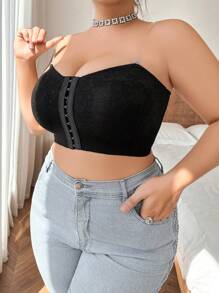 Plus Size Women Black Transparent Strap Front Closure Padded Bra, Wireless Lift And Gather Bust Support Comfort, Wireless