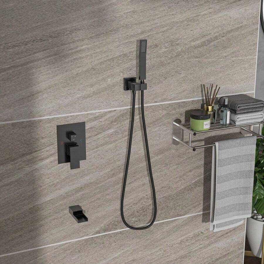 Shower System With Waterfall Tub Spout, 12 Inch Wall Mounted Square