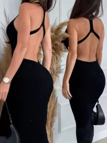 CROSS BACK MIDI DRESS IN MODAL KNIT - Black - View 3