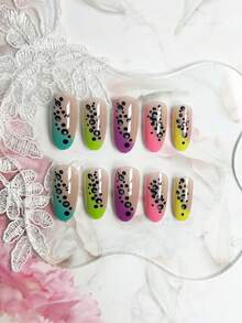 24 件长款现代创意时尚彩色法式黑点银色闪光个性化热女孩椭圆形指甲适合女性指甲装饰+1 片果冻胶+1 条摩擦条 - 彩色 - 查看 3