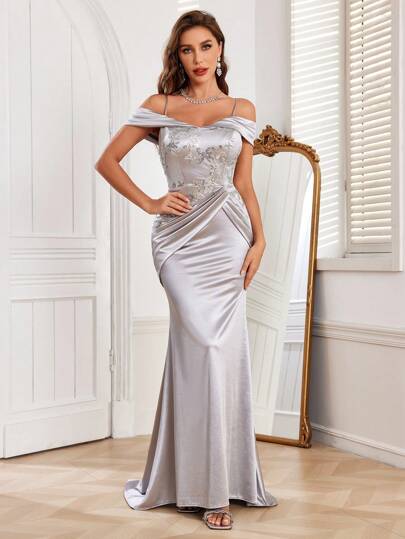 yanchunxier Women's Evening Dress, Sequin Patchwork Soft Stretch Satin, Off-The-Shoulder Ruched Off Shoulder Adjustable Straps, Knit Fabric Back Zipper Asymmetric Ruched Waist, Extra Long Fishtail Hem, For Occasions/Parties, Wedding Guest Dress
