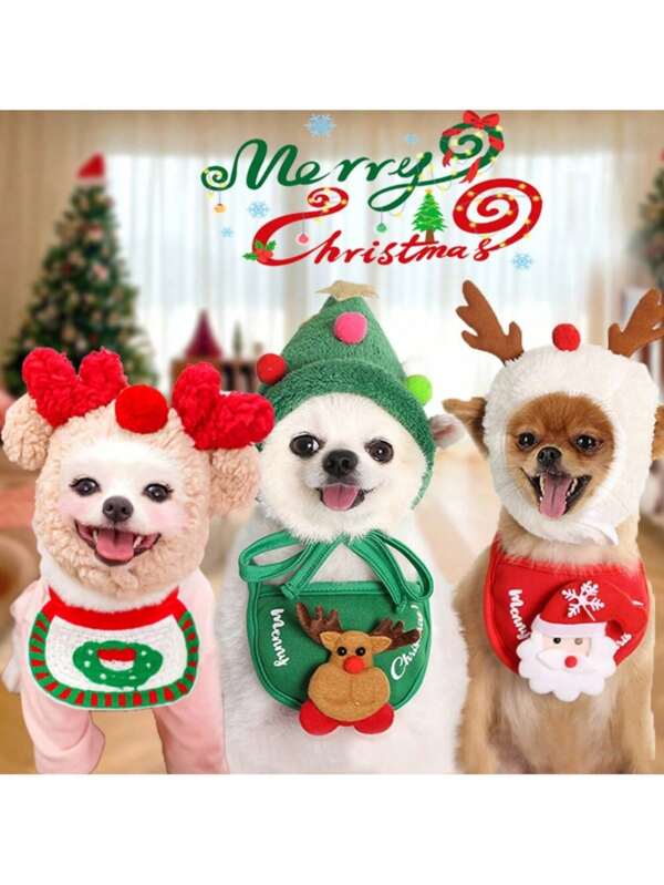 2pcs/Set Christmas Pet Hat & Bib Set, Cat Clothes & Dog Bibs For Winter, Fits 8-15 Lbs Pets