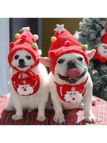 2pcs/Set Christmas Pet Hat & Bib Set, Cat Clothes & Dog Bibs For Winter, Fits 8-15 Lbs Pets