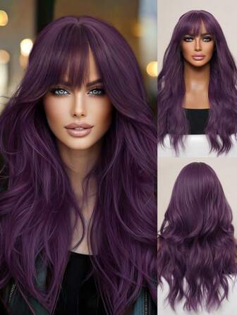 优雅紫色角色扮演假发葡萄紫色 26 英寸长卷发水波高腰刘海 Y2K 合成纤维假发女士派对假发逼真自然性感迷人耐热假发