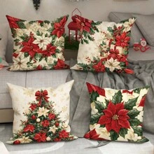 复古圣诞一品红抱枕套，农舍圣诞树方形枕套，圣诞花卉装饰，沙发客厅床用节日装饰 - 彩色 - 查看 2