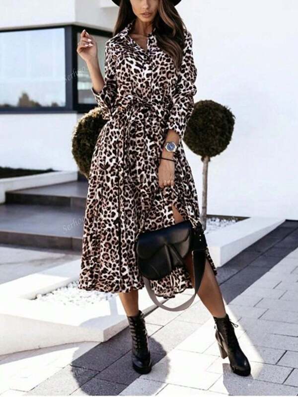 Vestido camisero de manga larga con escote de solapa, cintura con abertura y estampado de leopardo, con cinturón (el cinturón tiene bolsillo con solapa, no totalmente cosido), para otoño/invierno