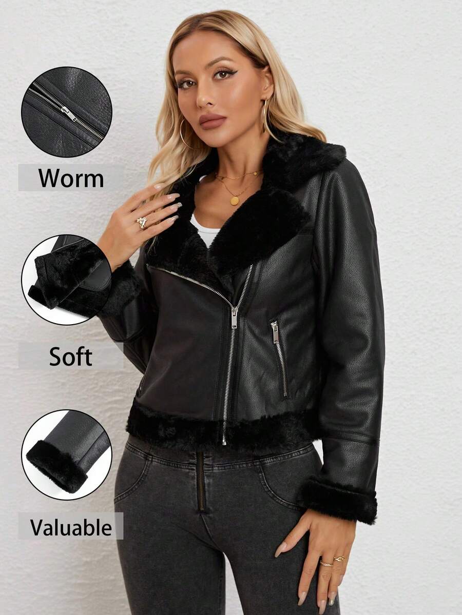 RELISH NOLESS 女士秋冬拉链仿皮草外套，黑色人造皮草大衣 - 黑色 - 查看 1