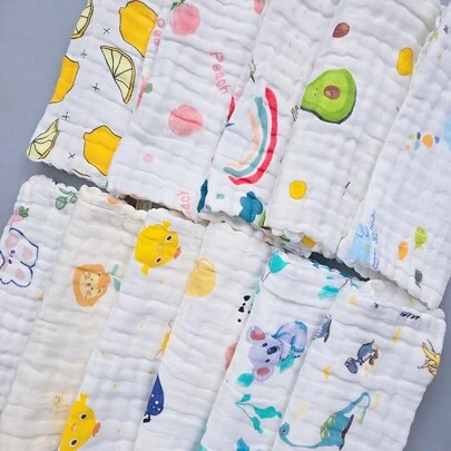 5 chiếc/gói màu ngẫu nhiên 6 lớp khăn tay hoạt hình cho bé, yếm trẻ sơ sinh, khăn mặt, khăn ợ