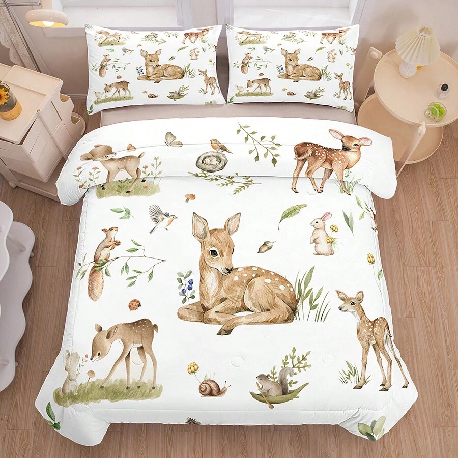 Cute Deer Bedding Set For Kids,Kawaii Deer Comforter Sets For Girls,Twin/Queen Size Bedding Sets For Girls,Wild Animal Comforter Set - White - View 1