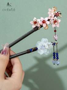 六件套新款中式3D木质发簪，包括粉色五瓣樱花、蓝色圆月、彩色花朵、牡丹花、金色3D小兔子、绿叶装饰和串珠流苏饰品。复古宫廷风发簪，适合搭配汉服、旗袍，打造优雅的日常及派对发髻，也可用作发髻器、发饰、发饰、情人节配饰、女士发饰，春季必备。 - 彩色 - 查看 18