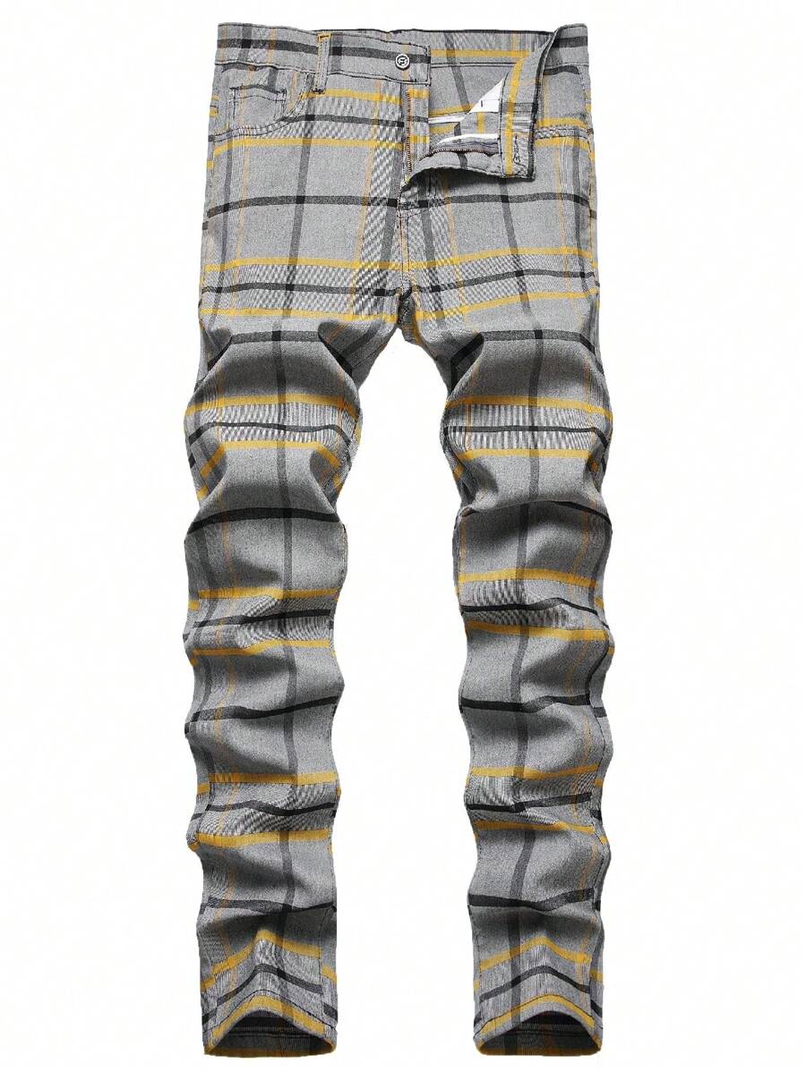 Plaid Panst For Men - Skinny Mens Dress Pants - Stretch Slim Fit Business Casual Dress Chinos Pants For Men - 灰色 - 查看 1